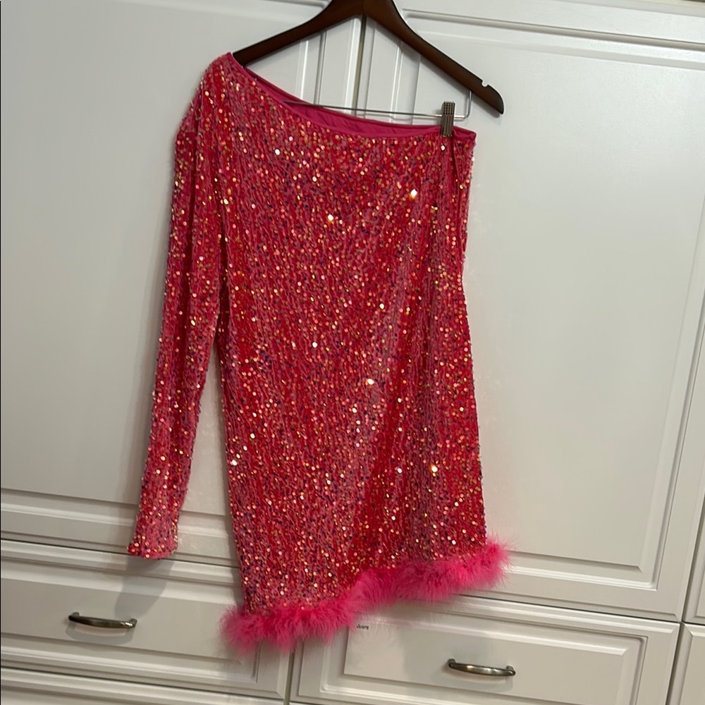 Pink Sequin Off-Shoulder Dress